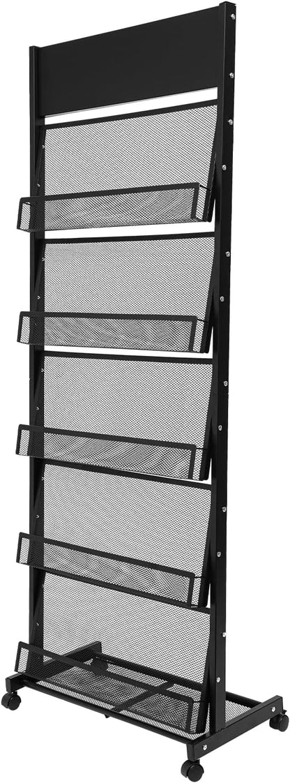 5-Tier Magazine Rack Floor Standing Brochure Display Stand with Universal Wheels & Brakes Metal