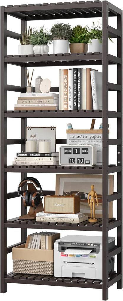 FOTOSOK 6-Tier Bamboo Shelf, Bamboo Bookcase with Adjustable Shelves, Free Standing Storage Shelf