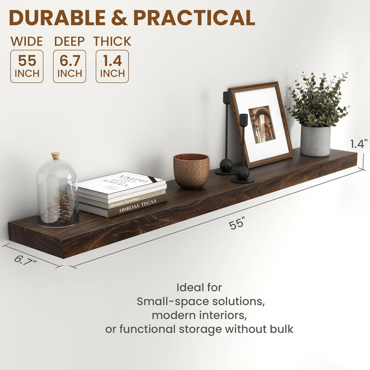 55" Floating Shelves for Wall, Rustic Elm Wood Floating Shelf for Home Decor, Wall-Mounted Display