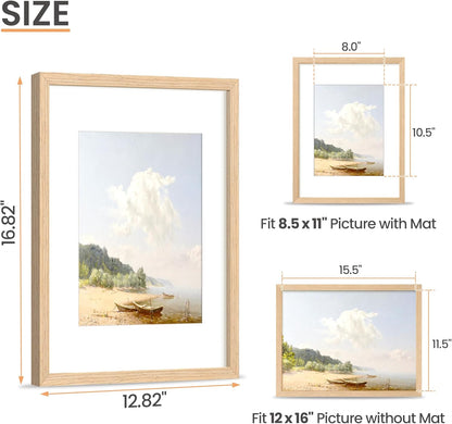 upsimples 12x16 Frame, Natural Solid Wood Picture Frames, Display 8.5x11 with Mat or 12 x 16