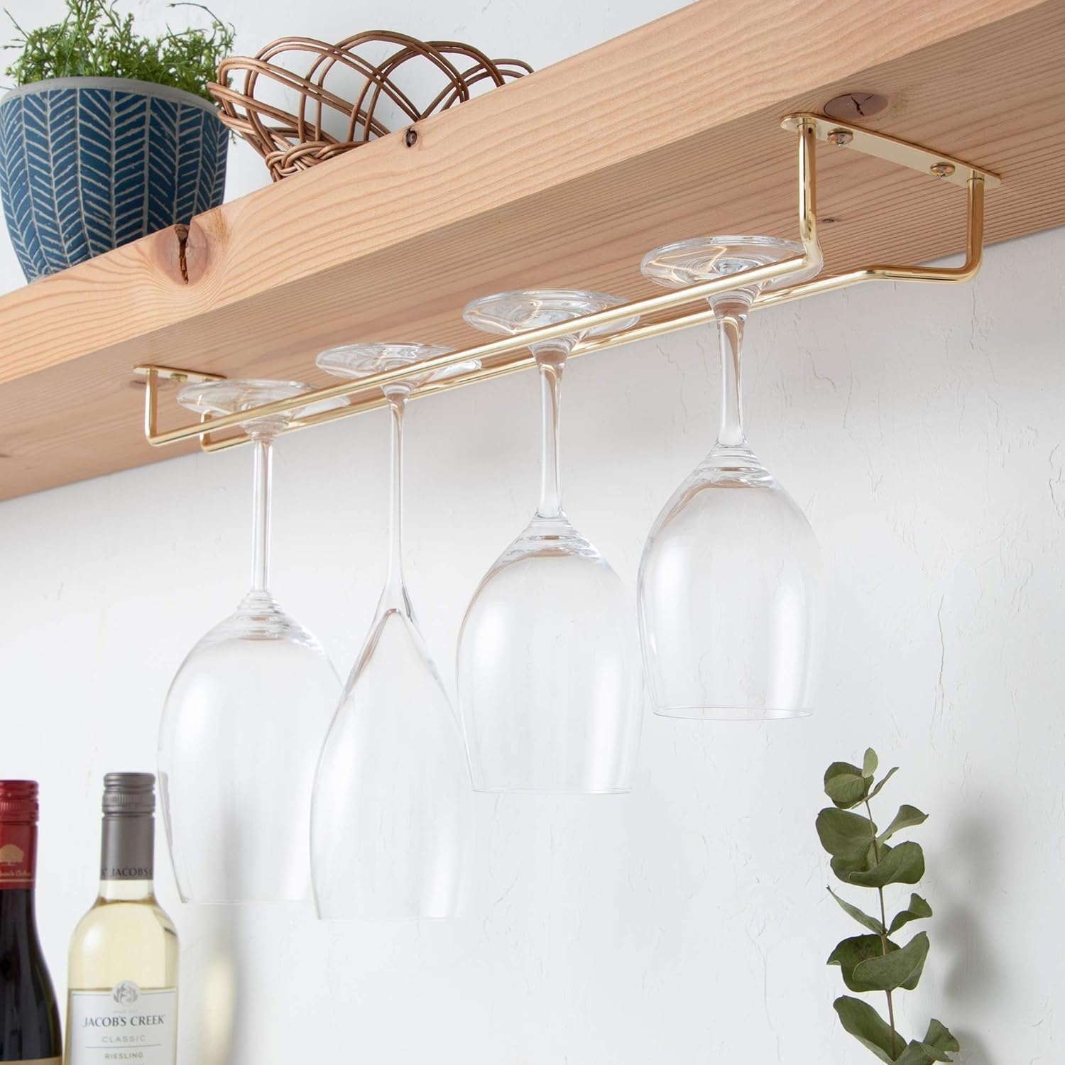 Soro Essentials- 16" Glass Hanging Stemware Rack Brass Plated Set of 2- Wine Glass Hangers Under