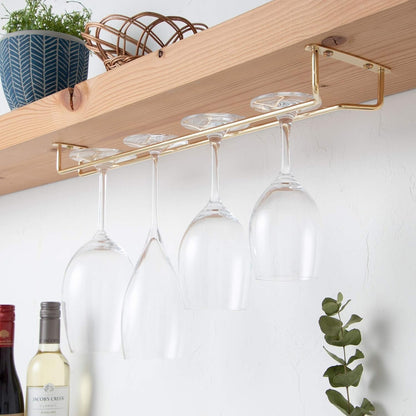 Soro Essentials- 16" Glass Hanging Stemware Rack Brass Plated Set of 2- Wine Glass Hangers Under