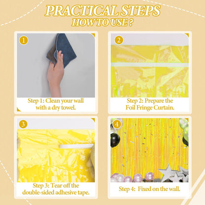 3 Pack Foil Fringe Backdrop - Pastel Yellow Shiny Tinsel Curtains for Party Decoration/Photo Booth
