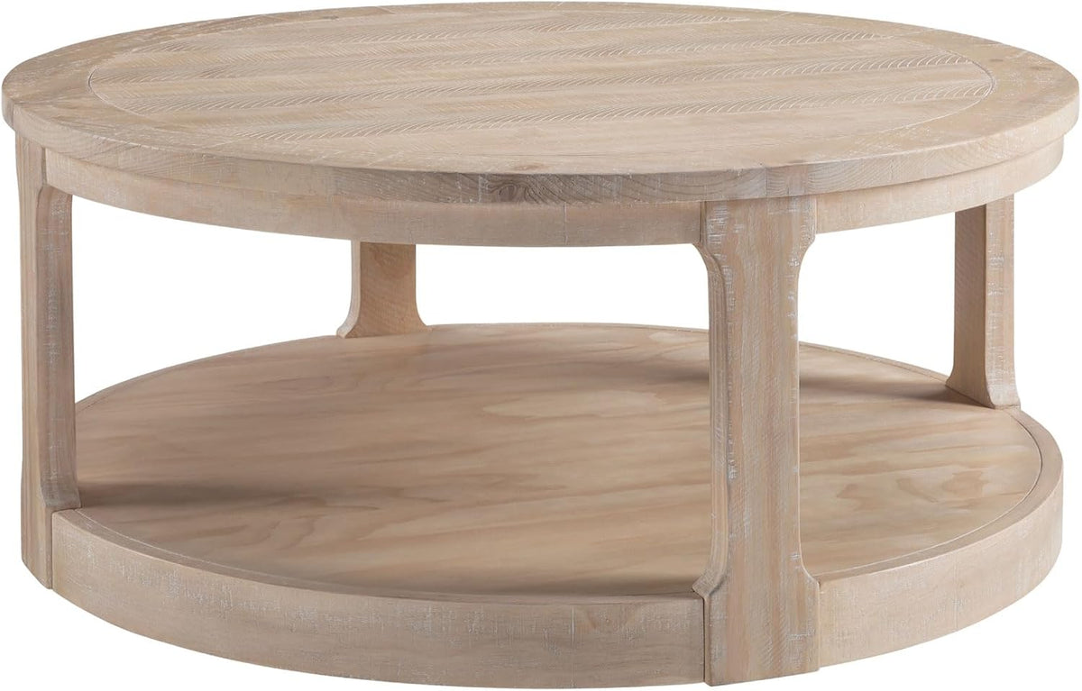 WILLIAMSPACE 40" Round Coffee Table with Wheels, Circle 2 Tier Solid Wood Center Coffee Table, Mid