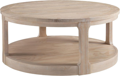 WILLIAMSPACE 40" Round Coffee Table with Wheels, Circle 2 Tier Solid Wood Center Coffee Table, Mid
