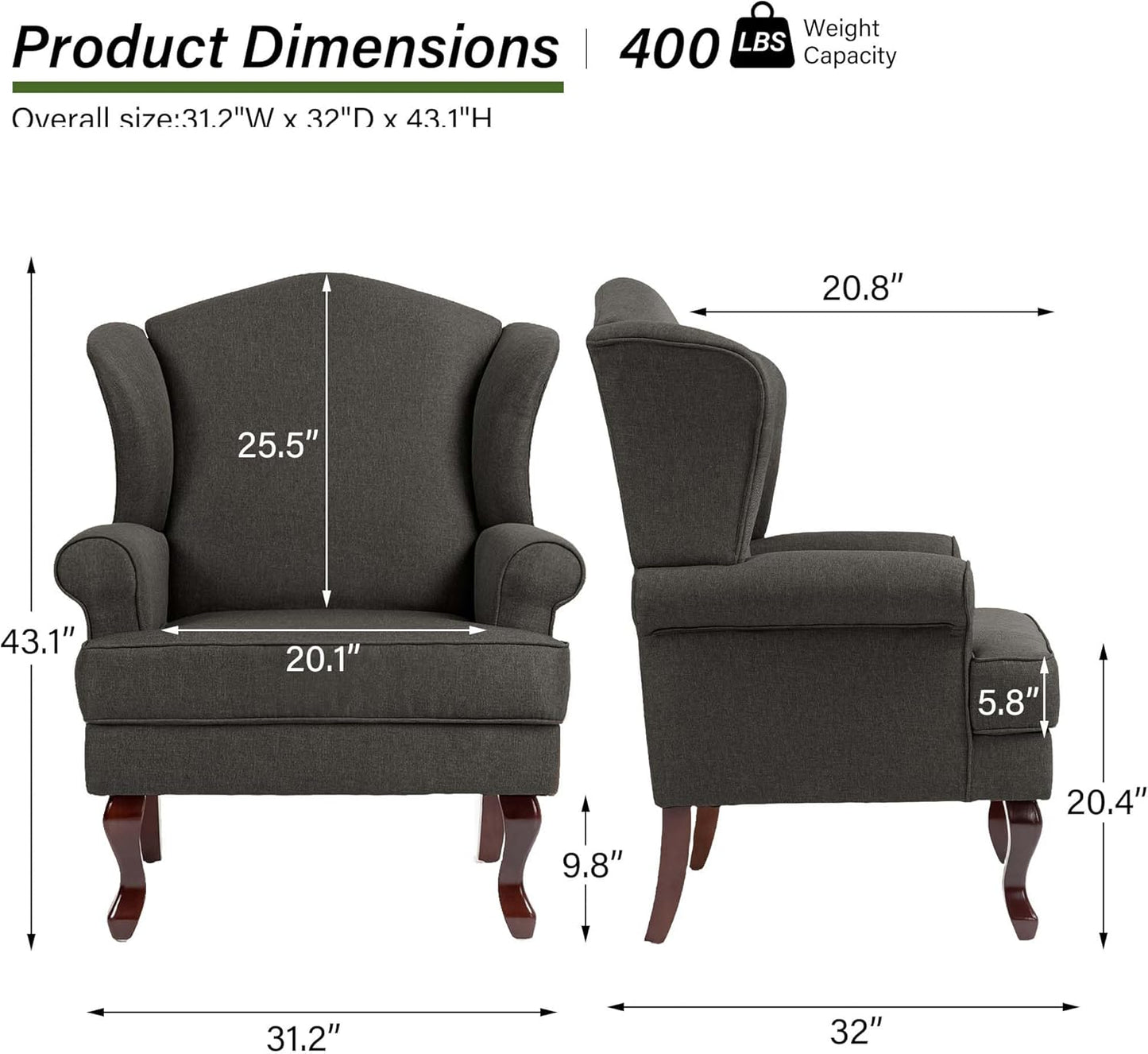 Accent Chair, High Back Upholstered Armchair with High Resilience Sponge & Wood Legs, Mid-Century