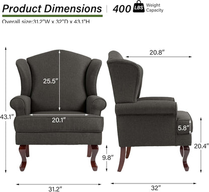 Accent Chair, High Back Upholstered Armchair with High Resilience Sponge & Wood Legs, Mid-Century