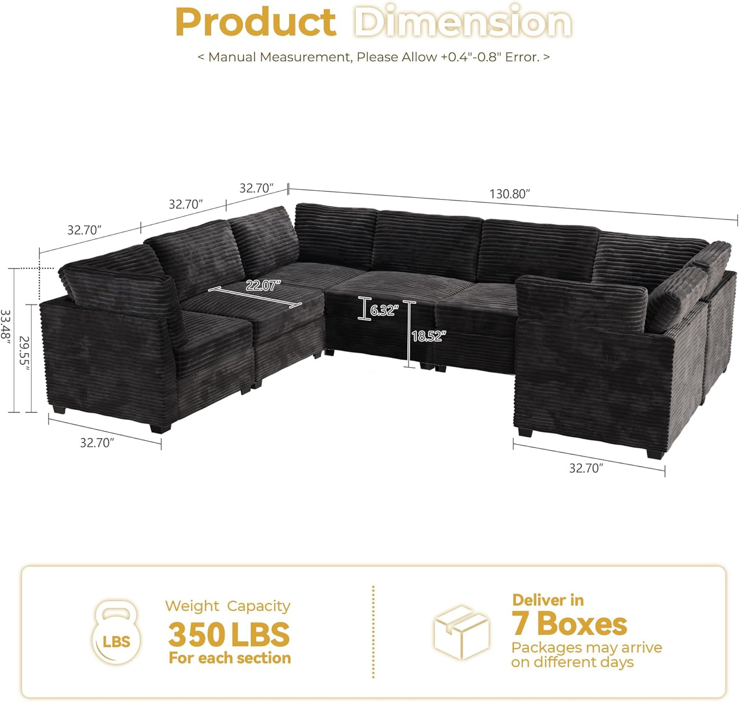 HOOOWOOO Modular Sectional Sofa,7 Pieces Sectional Couches for Living Room,131X98 U Shaped Cloud