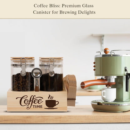 Glass Coffee Canister Set with Shelf & Spoon 2 Piece Coffee Containers for Coffee Bean Storage