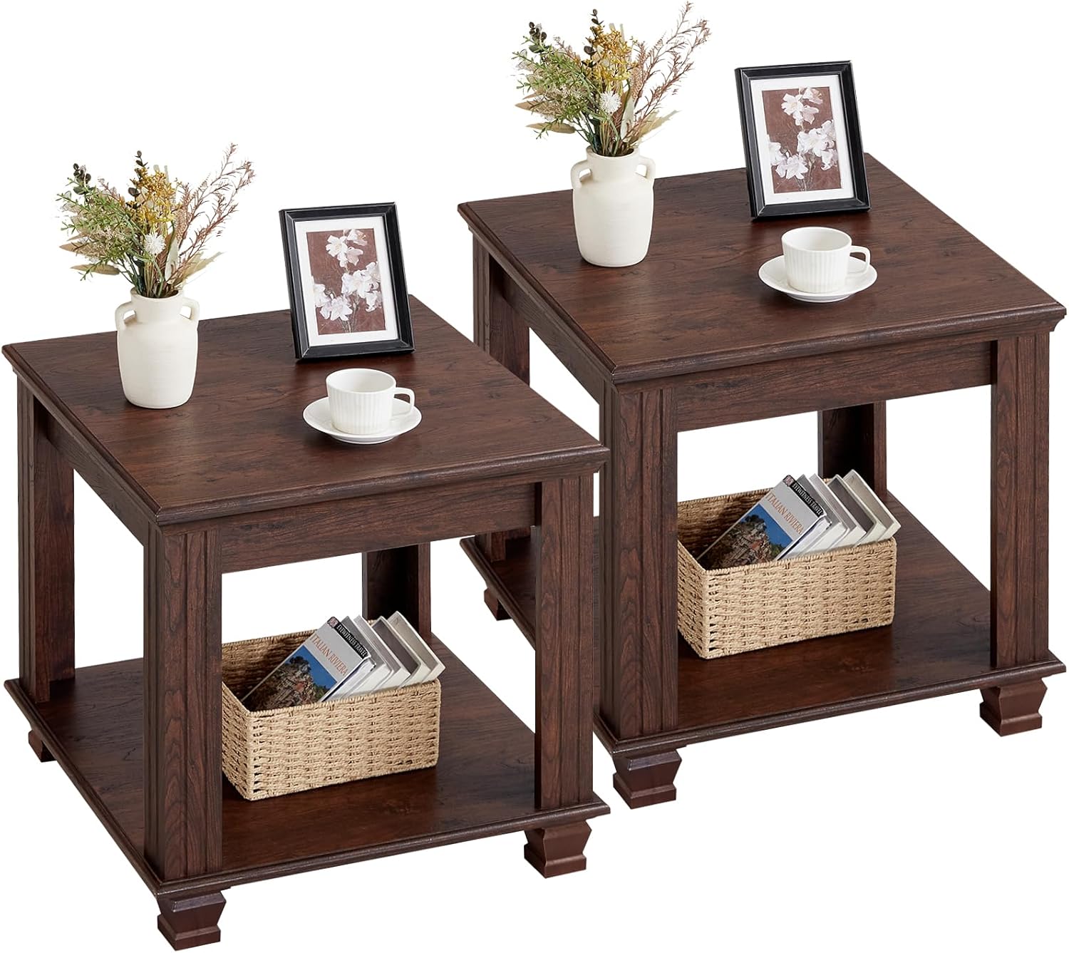 Farmhouse End Table Set of 2,Large Side Table with 2-Tier Storage Shelf,Rustic Brown End Tables for