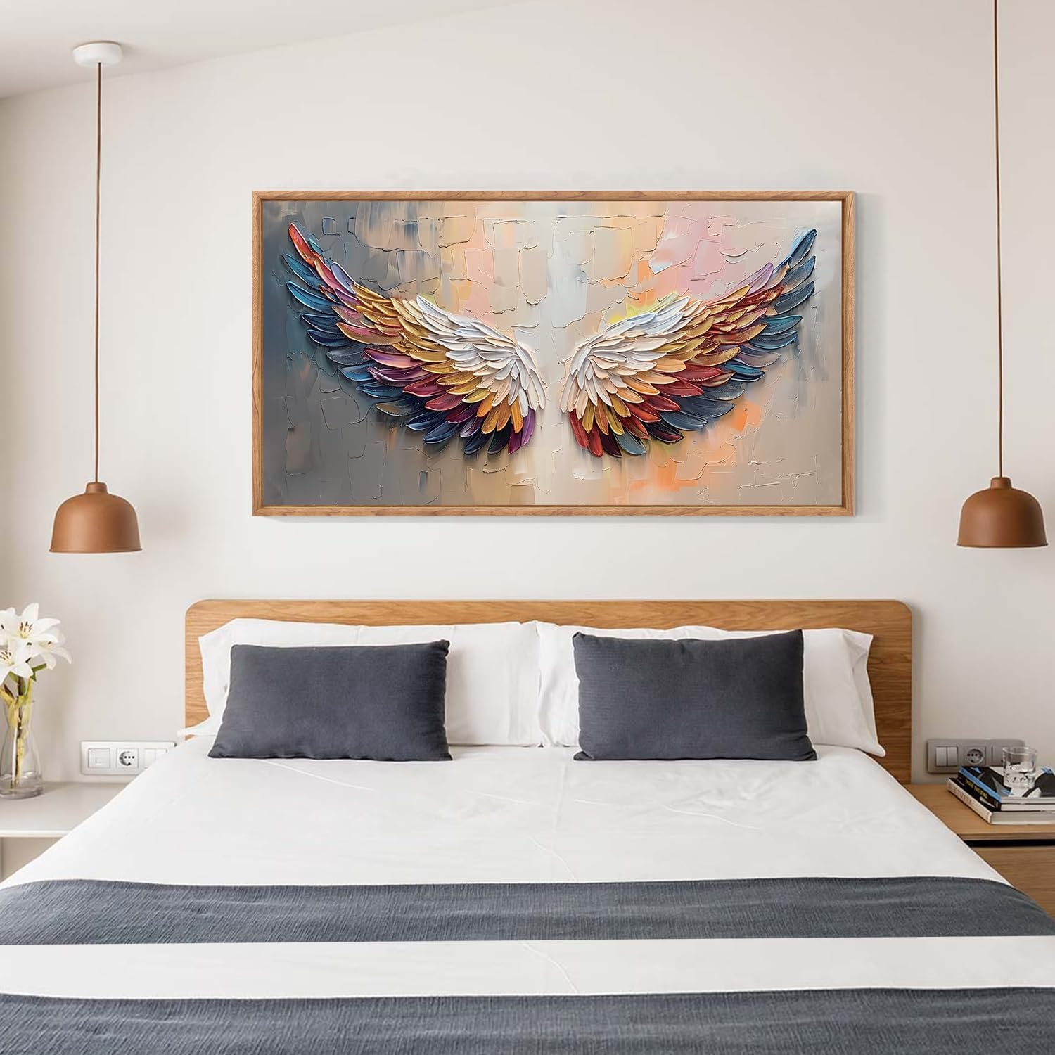 Aurlan Angel Wings Hand Painted Framed Wall Decor(40"x20"), Large Abstract Colorful Feather 3D