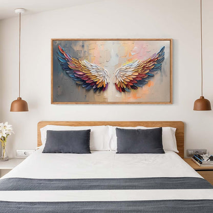 Aurlan Angel Wings Hand Painted Framed Wall Decor(40"x20"), Large Abstract Colorful Feather 3D