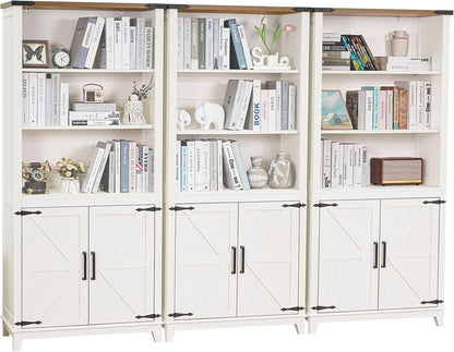 70in Tall Bookshelf 5 Tier Bookcase with Barn Doors and Storage Cabinet, White Farmhouse Book Shelf