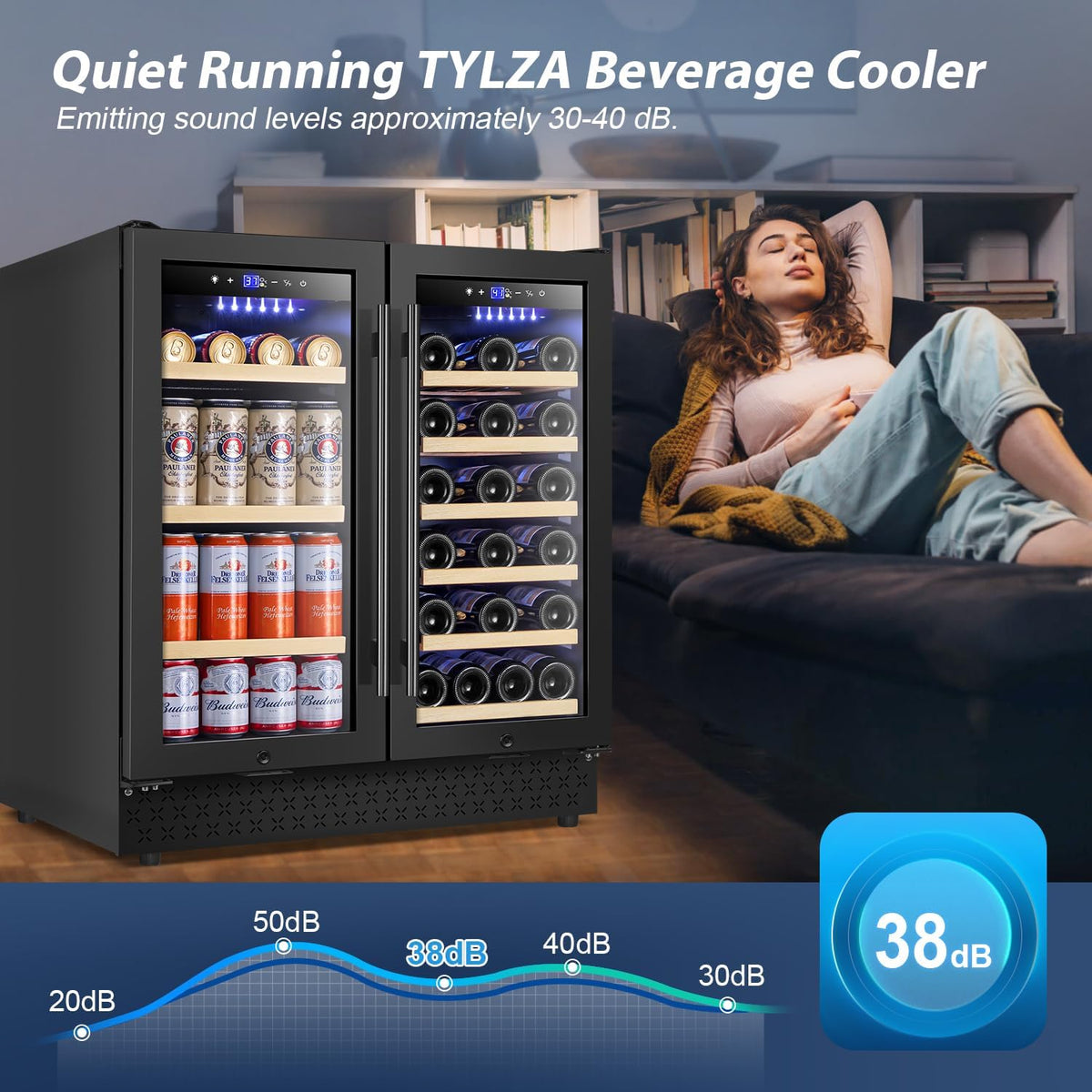 Tylza 30 Inch Wine and Beverage Refrigerator, Dual Zone Wine Beverage Cooler 30" with French Door