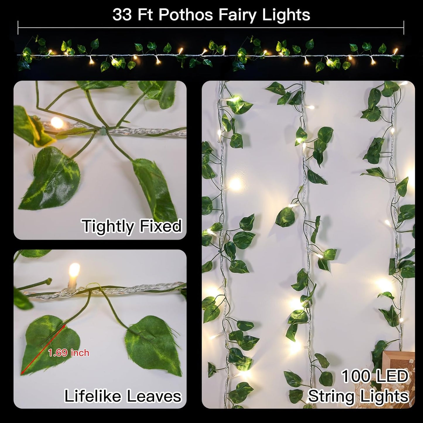 suddus Vine with Fairy Light Plug in, 33ft 100 LED Pothos String Lights Connectable with Remote