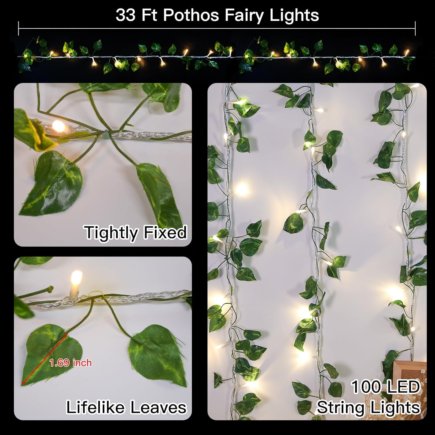 suddus Vine with Fairy Light Plug in, 33ft 100 LED Pothos String Lights Connectable with Remote