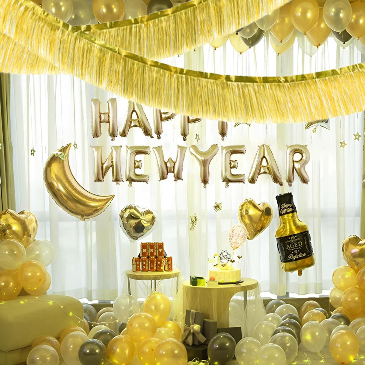 Gold Foil Fringe Garland 10FT 2packs, Metallic Foil Tinsel Fringe Banners for Parade Float