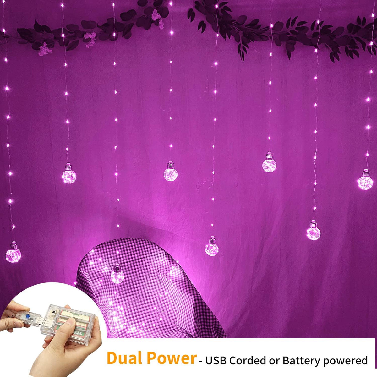 YOLIGHT Wishing Ball Curtain Lights 200 LED Window Curtain String Light with Remote, USB Battery