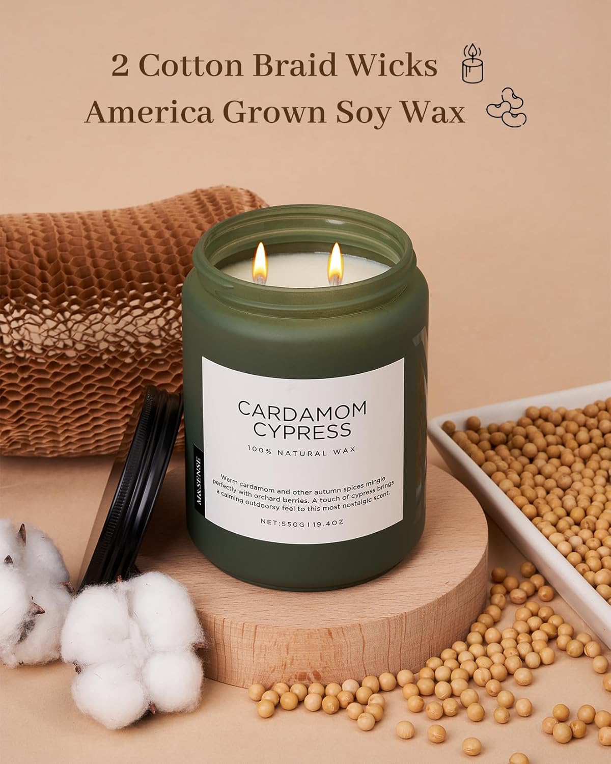 M&SENSE Spice Cardamom Cypress Large Soy Candles for Home Scented 2 Wick Large Soy Natural Candles