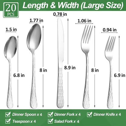 20 Pcs Silverware Set for 4 with Water Cube Handle design, Food Grade Stainless Steel Flatware Set