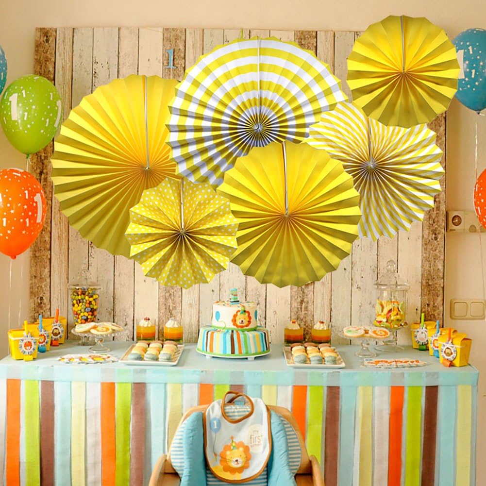 ADLKGG Party Hanging Paper Fans Set, Yellow Round Pattern Paper Garlands Decoration for Birthday