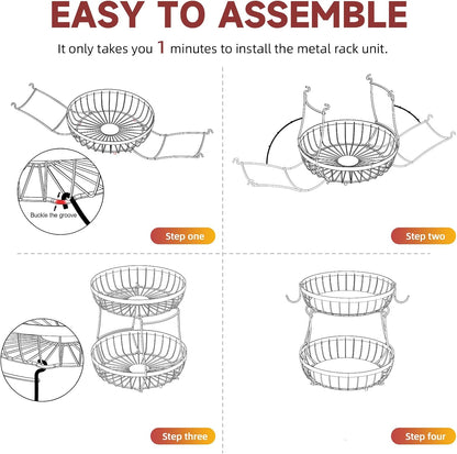 2 Tier Fruit Basket for Kitchen Counter with 2 Banana Hangers, Metal Stackable Fruit Bowl for