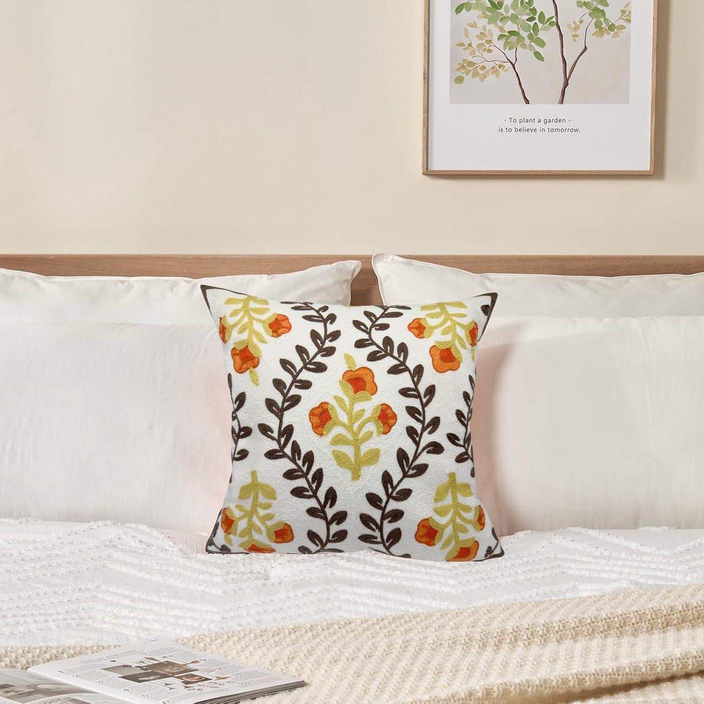 Alysheer Floral Embroidered Fall Decorative Throw Pillow Cover 18"x 18", Farmhouse Cottage Orange