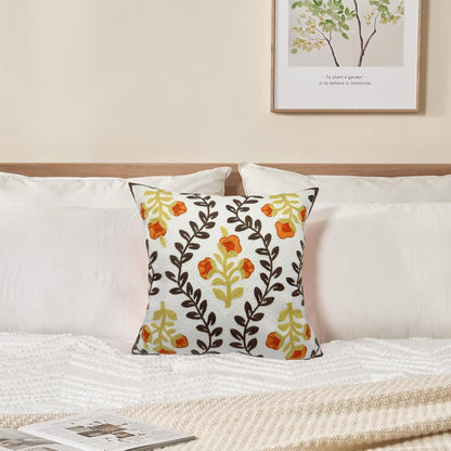 Alysheer Floral Embroidered Fall Decorative Throw Pillow Cover 18"x 18", Farmhouse Cottage Orange