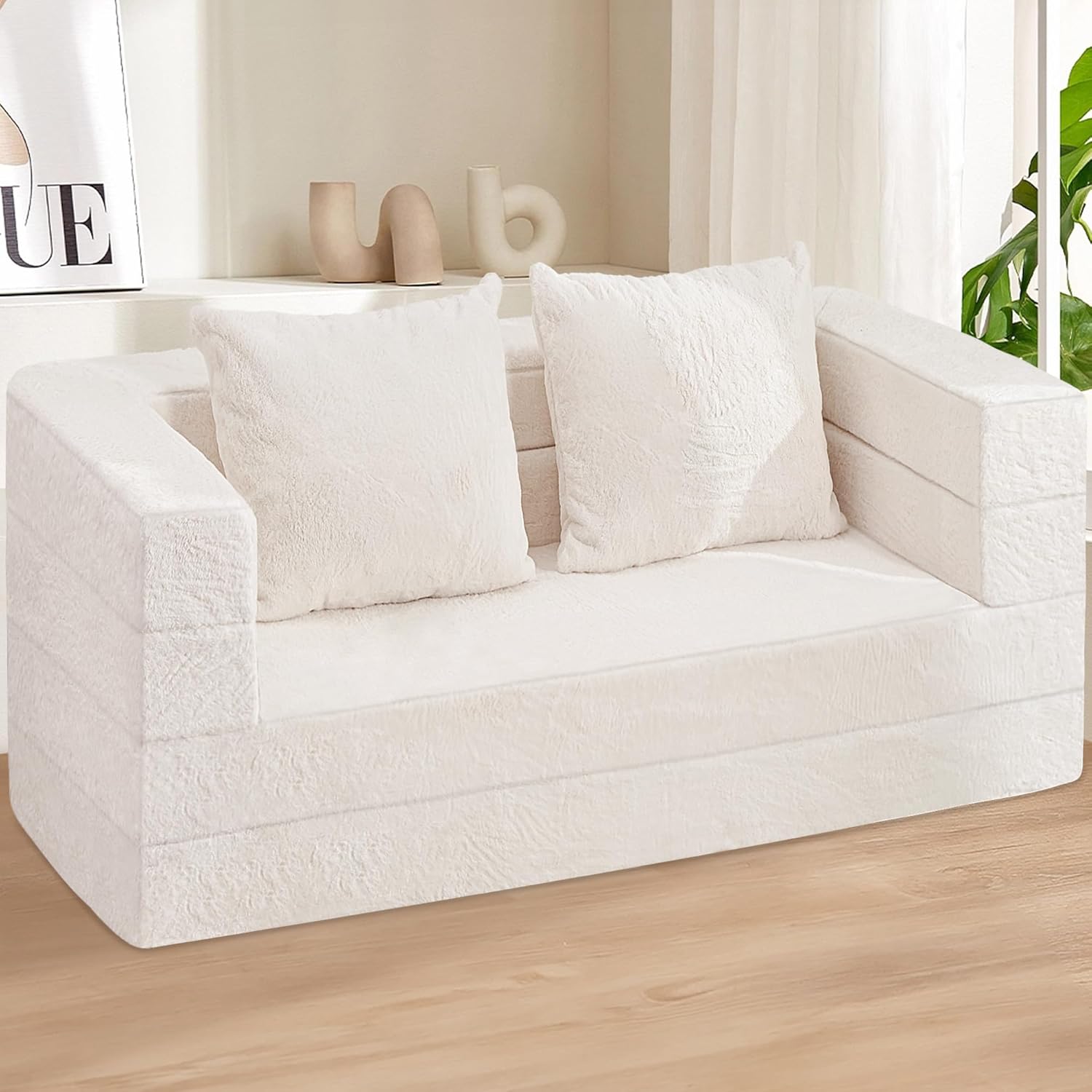Folding Bean Bag Chair for Adults,3-in-1 Bean Bag Couch Faux Fur Floor Sofa Large Beanbag