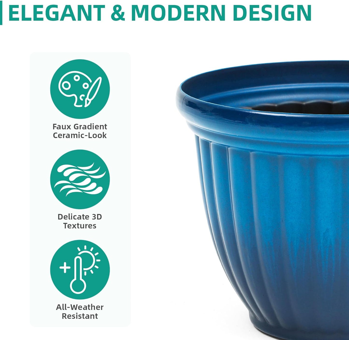 15" H Large Flower Pots, Set of 2 Plastic Planters for Outdoor Plants with Gradient Blue Finish and