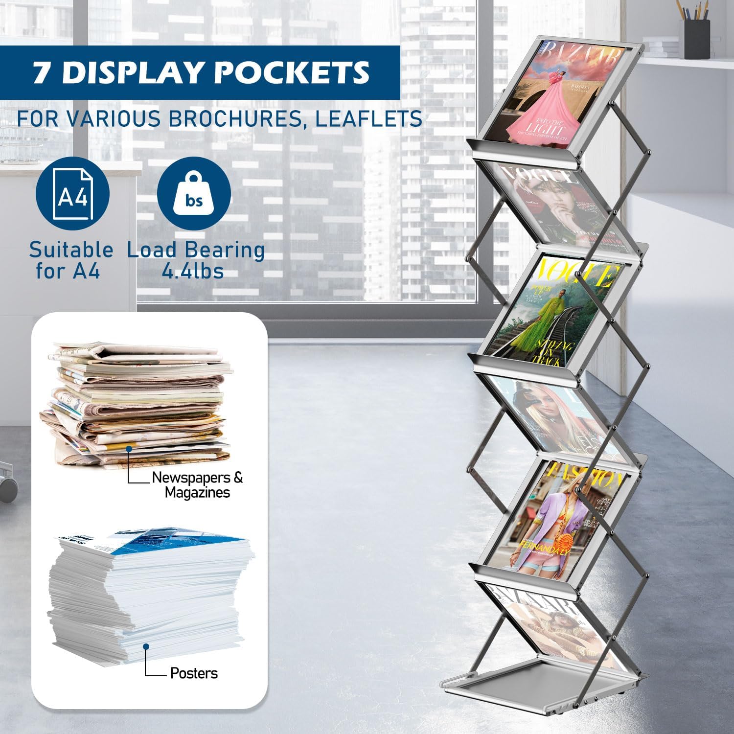 6 Pockets Foldable Aluminum Magazine Rack - Brochure Display Stand, Brochure Catalog Literature