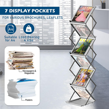 6 Pockets Foldable Aluminum Magazine Rack - Brochure Display Stand, Brochure Catalog Literature