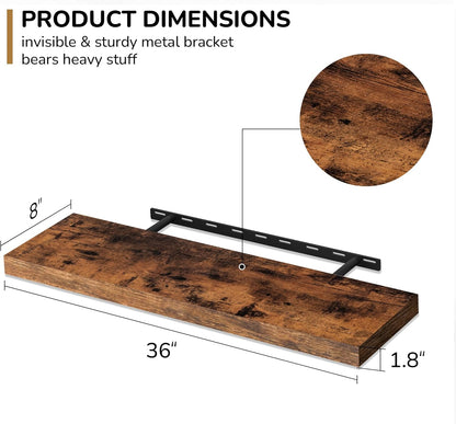 Fun Memories 36 Inch Floating Shelves - Deep Rustic Wooden Wall Shelves - Extra Deeper & Thicker