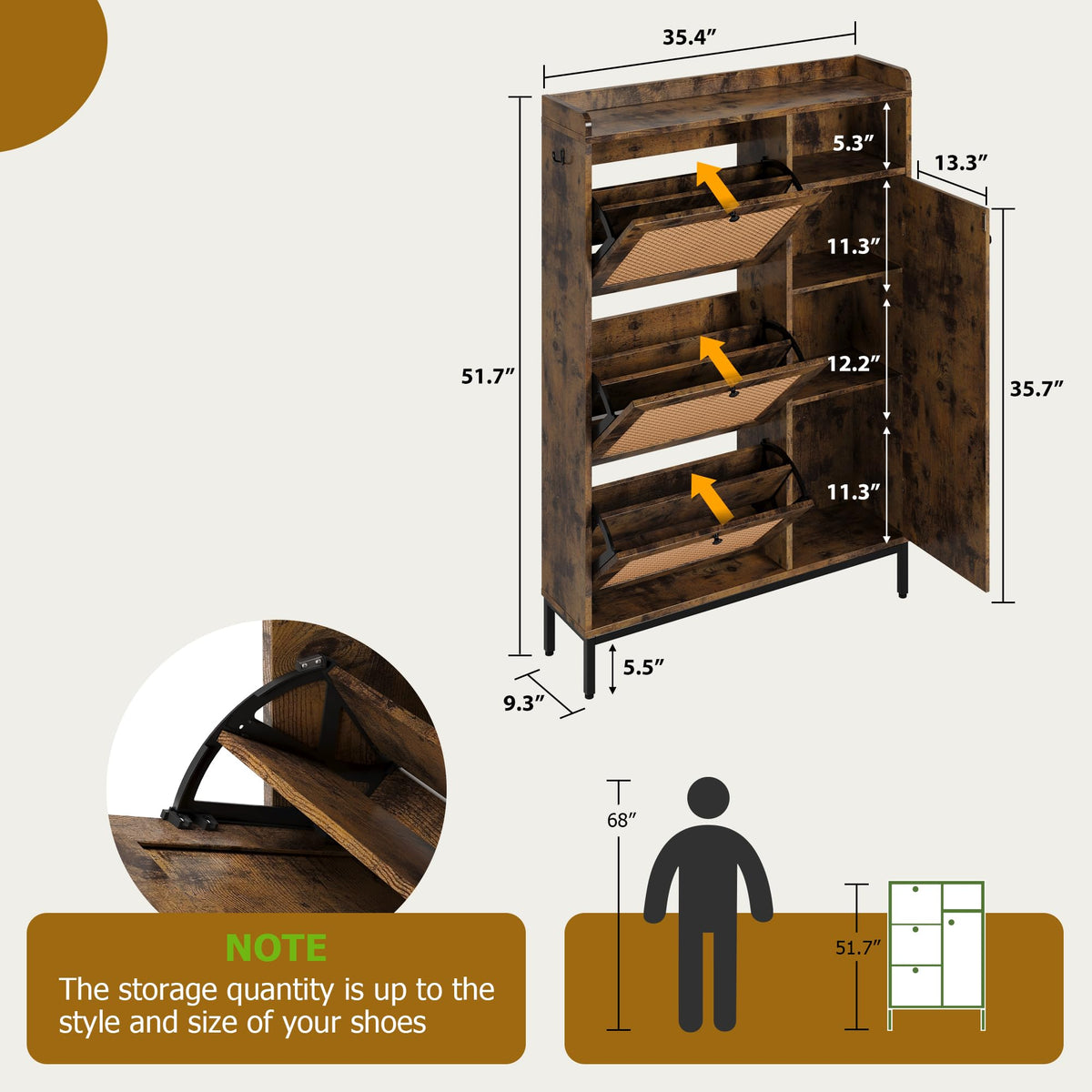 GarveeHome Shoe Cabinet Rattan with 3 Flip Drawers