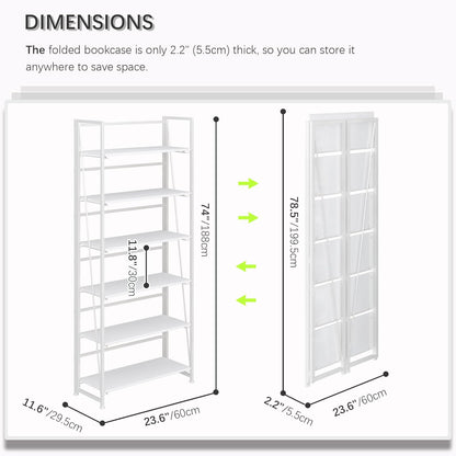 4NM No Assembly Foldable Bookshelf, 6-Shelf Collapsible Bookcase Storage for Small Spaces, 74" H