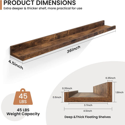 Fun Memories Picture Ledge Shelves Set of 2, 36 Inch Rustic Wall Mounted Floating Shelves with Lip