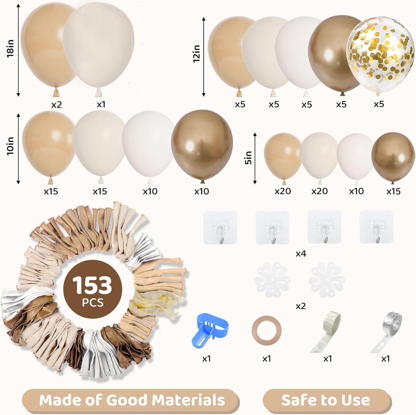 Amandir 153pcs White Sand Balloon Garland Arch Kit, Different Sizes 18 12 10 5 inch Beige Cream