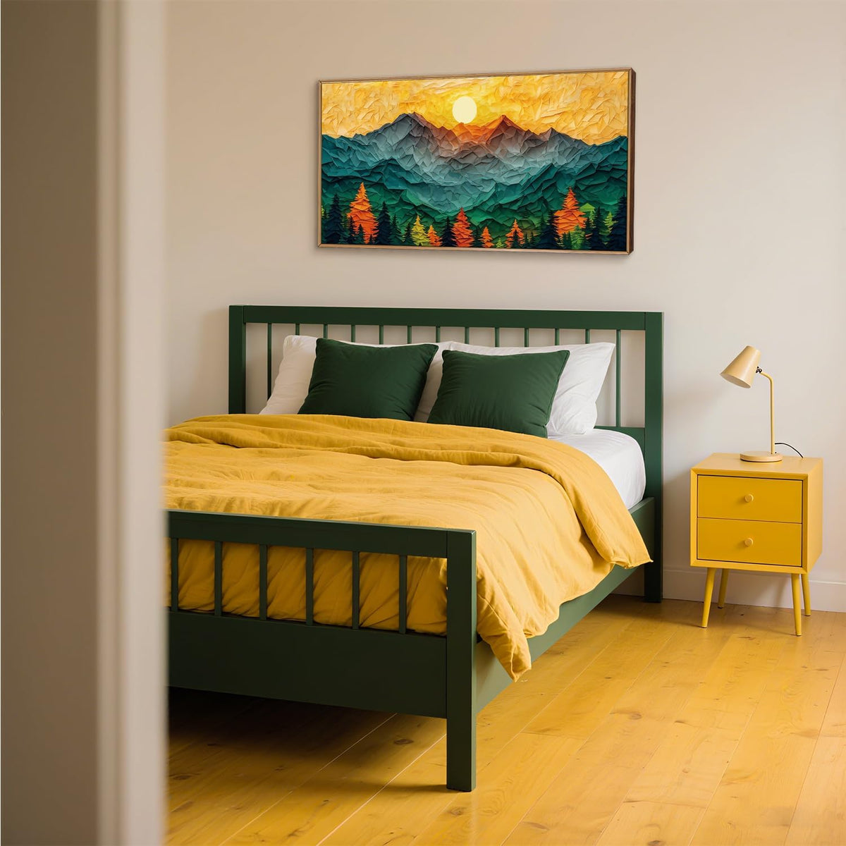 Abstract Sun Mountain Framed Canvas Wall Art Set, Forest Pine Tree Golden Sunset Wall Decor, Mixed