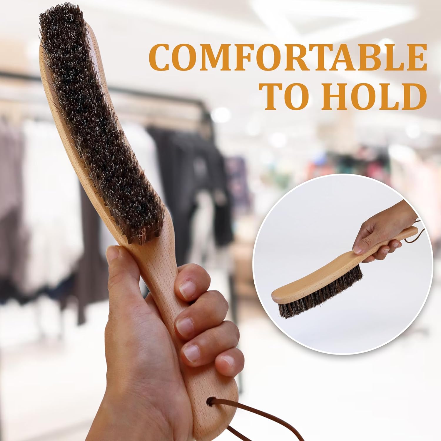 Lint Brush for Clothes with 100% Soft Horse Hair Bristle, Large Beech Wood Handle, Lint Remover for