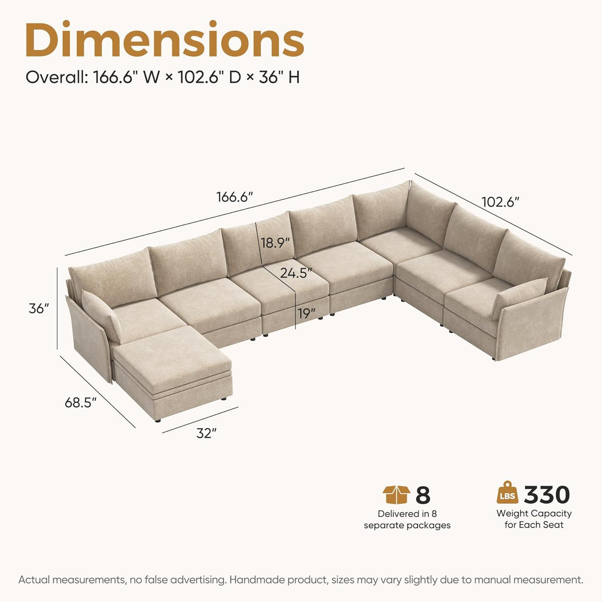 166.6" Oversized Modular Sectional Sofa, U Shaped Convertible Couch with Movable Ottoman, Large 8