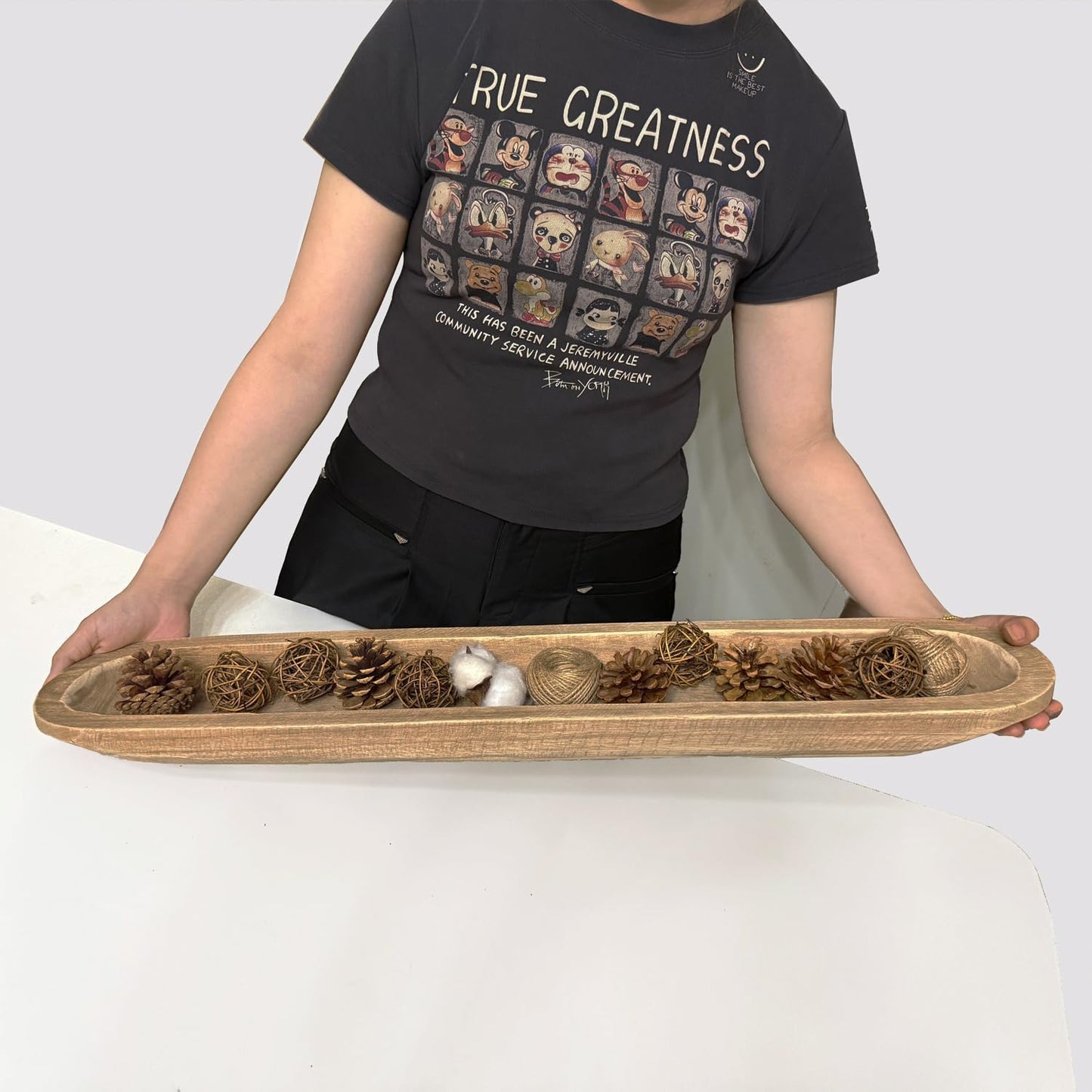 Wooden Dough Bowl Decor, Vintage Wooden Bowl Hand Carved Home Decor for Dining Table Center, Living