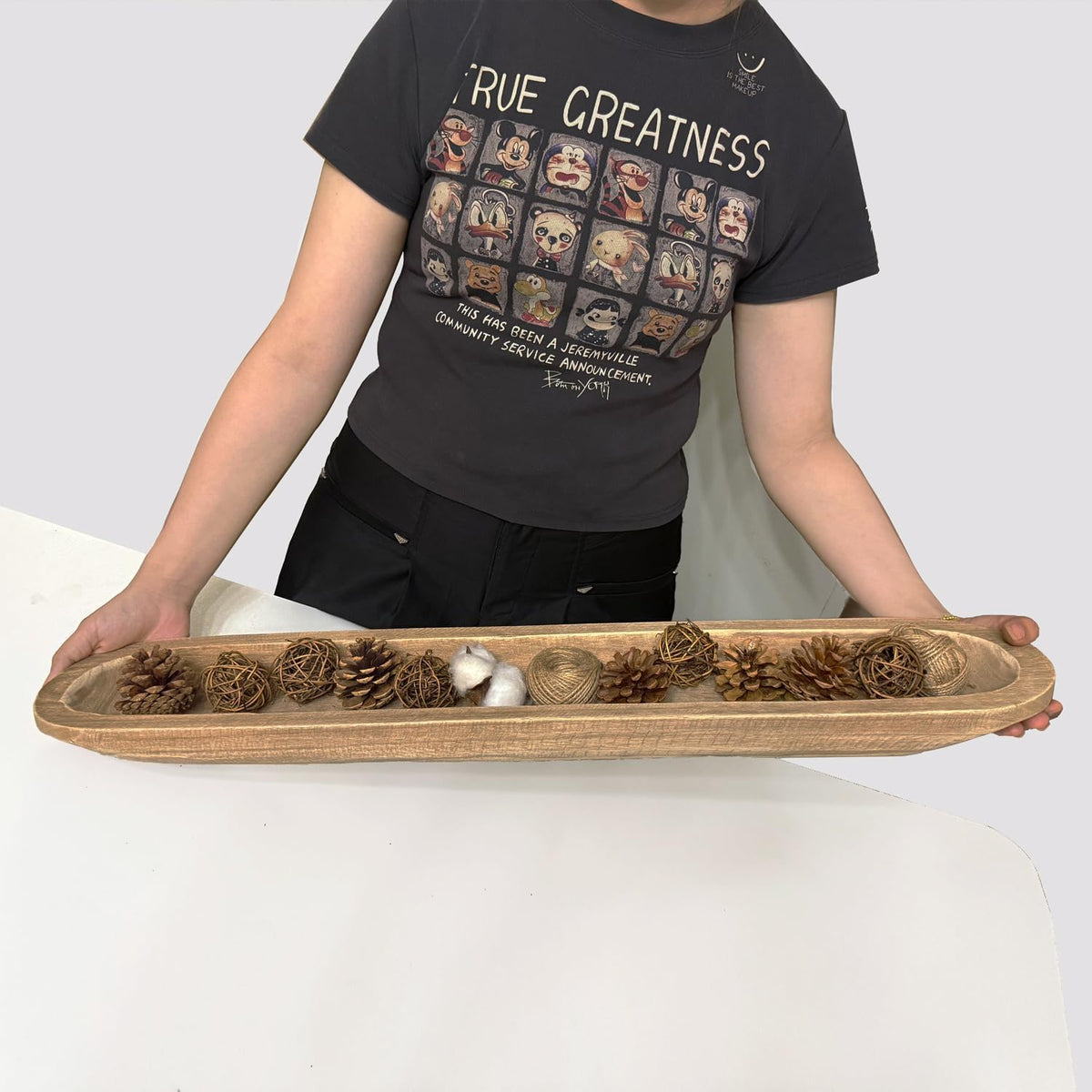 Wooden Dough Bowl Decor, Vintage Wooden Bowl Hand Carved Home Decor for Dining Table Center, Living