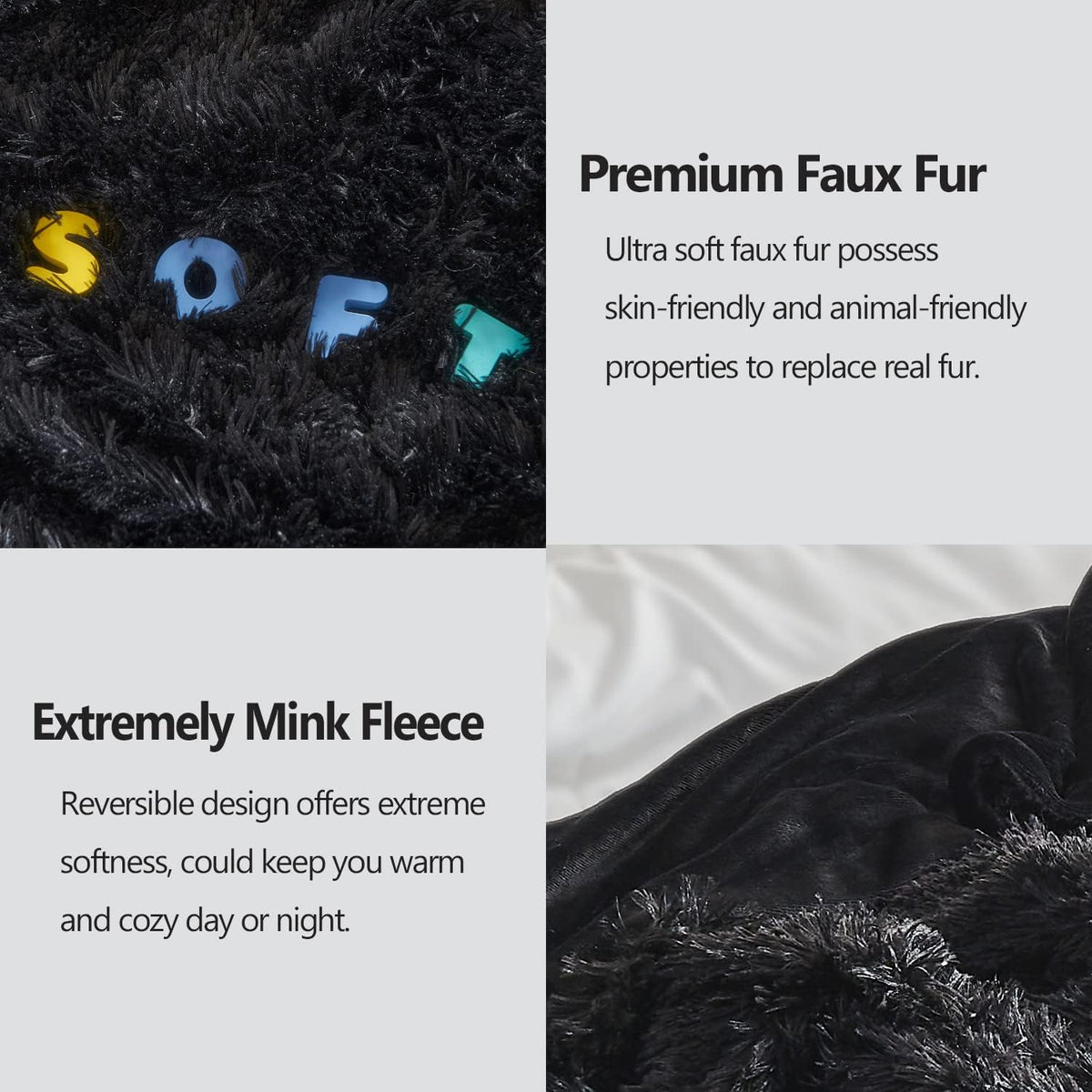 GONAAP Fuzzy Faux Fur Throw Blanket Black Super Soft Cozy Plush Fuzzy Shaggy Blanket for Couch Sofa