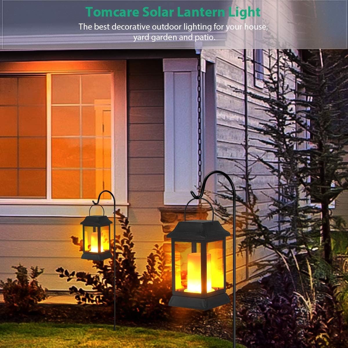 TomCare Solar Lights Metal Flickering Flame Solar Lantern Outdoor Hanging Lanterns Decorative