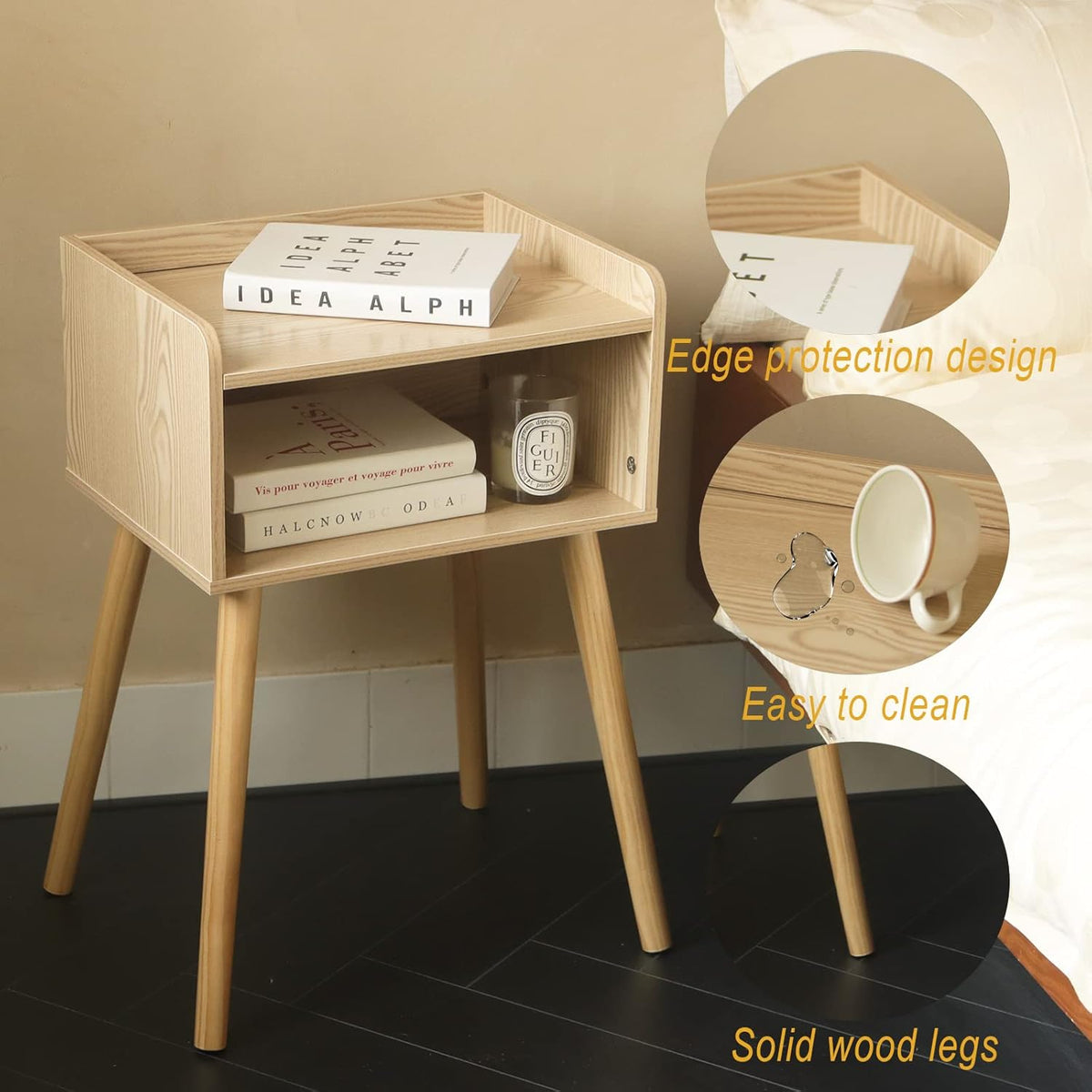 MaxSmeo Nightstand, Mid Century Modern Side Table Bedroom with Storage, Small End Bedside Table