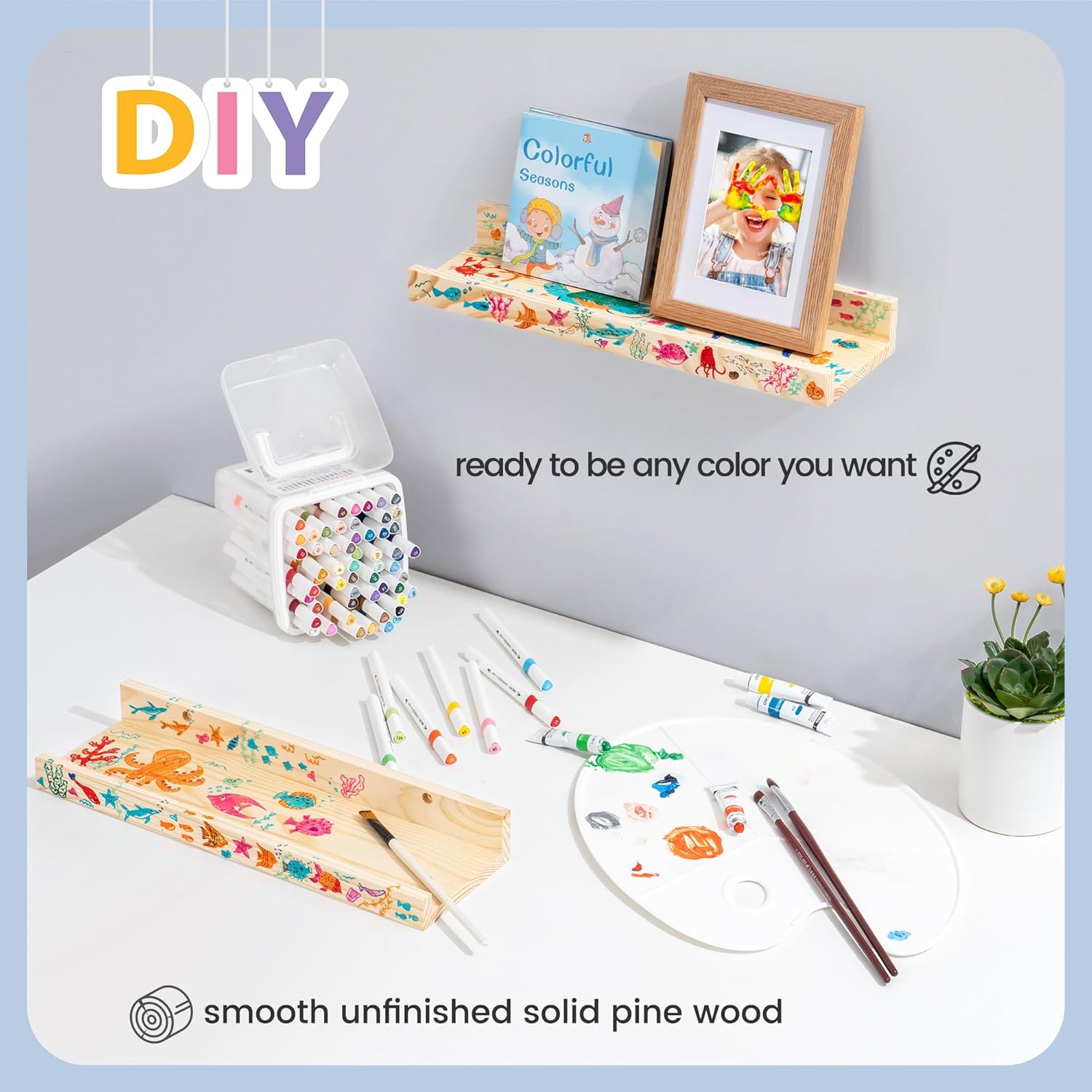 Picture Ledge Shelf for Wall, 24 inch Solid Pine Wood Nursery Book Shelves 2 Packs, Floating Ledge