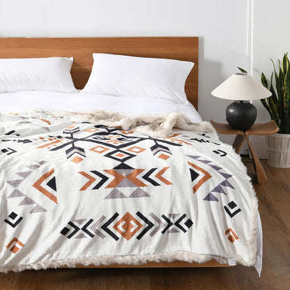 Luxury Plush Faux Fur Throw Blanket with Aztec Pattern, Super Warm, Fuzzy, Elegant, Fluffy