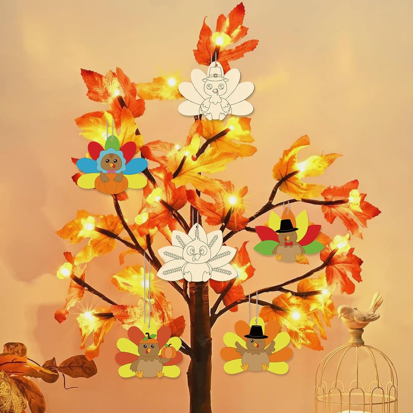 24 PCS Unfinished Wooden Thanksgiving Crafts, Turkey Shaped Hanging Ornaments DIY Wood Craft