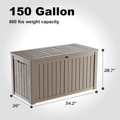 150 Gallon Deck Box,Resin Outdoor Storage Box with Lockable for Patio Furniture, Pool Accessories
