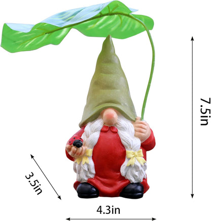 Garden Female Gnome Statue Decoration with Leaf Umbrella, 7.5” Figurine Ornament for Indoor Outdoor